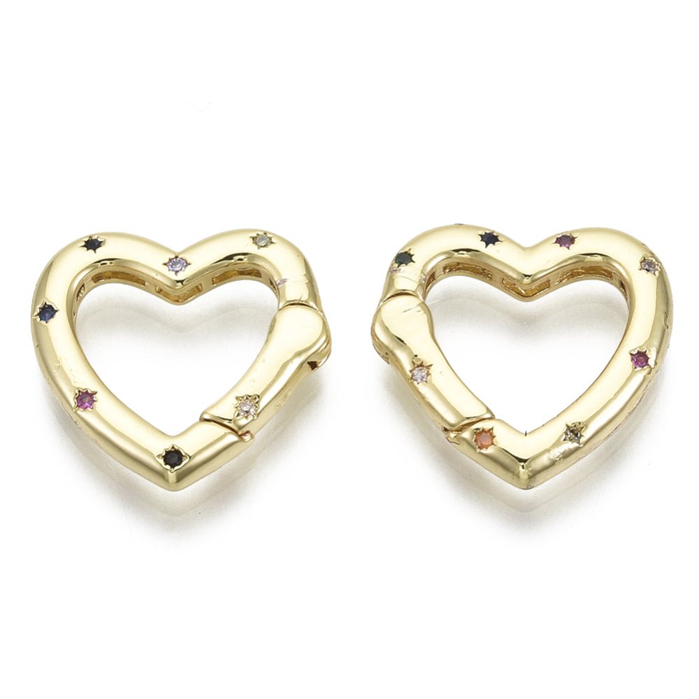 Hjerteformet Gate Springlås Med Zirkonia – Farve Mix, 16K Forgyldt Messing (18x19x3mm) - Uniq Perler - 124206