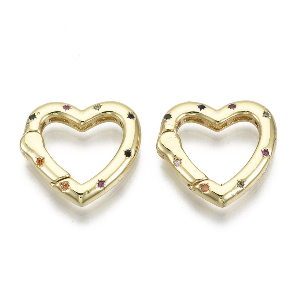 Hjerteformet Gate Springlås Med Zirkonia – Farve Mix, 16K Forgyldt Messing (18x19x3mm) - Uniq Perler - 124206