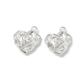 Hjerteformet Rose Vedhæng Med Zirkonia – 925 Sterling Sølv Belagt Messing (13,5x12,5x4mm) 2 stk. - Uniq Perler - 122605