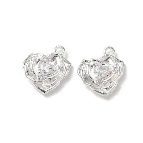 Hjerteformet Rose Vedhæng Med Zirkonia – 925 Sterling Sølv Belagt Messing (13,5x12,5x4mm) 2 stk. - Uniq Perler - 122605
