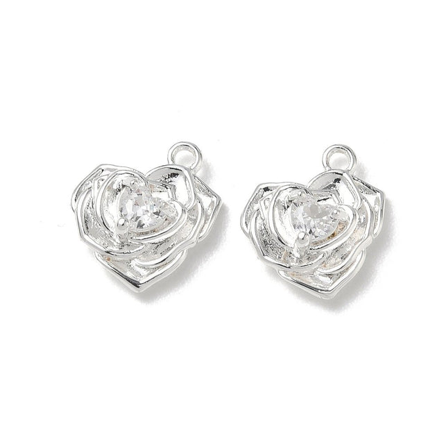 Hjerteformet Rose Vedhæng Med Zirkonia – 925 Sterling Sølv Belagt Messing (13,5x12,5x4mm) 2 stk. - Uniq Perler - 122605