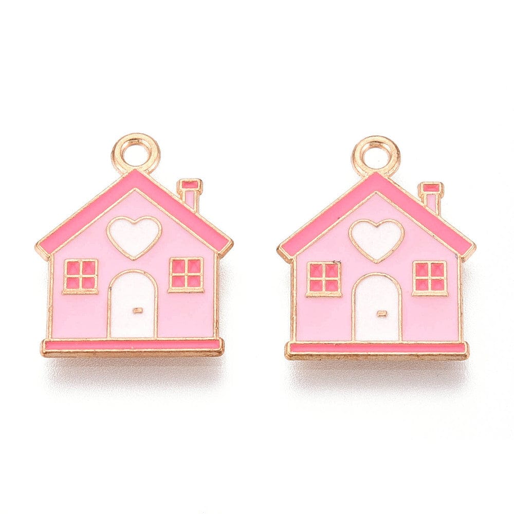 Hus Vedhæng - Med Pink Emalje (19,5x15,5x1,2mm) 6 stk - Uniq Perler - 115214