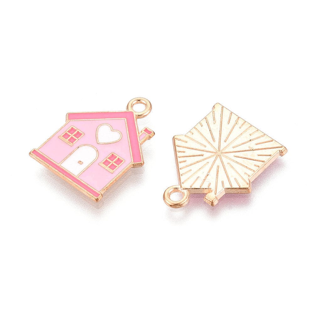 Hus Vedhæng - Med Pink Emalje (19,5x15,5x1,2mm) 6 stk - Uniq Perler - 115214