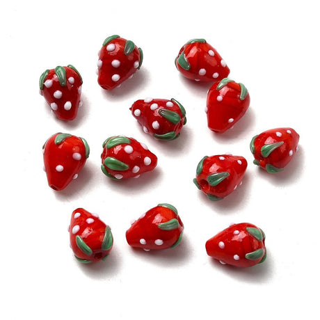 Jordbær Lampwork Glasperler – Røde (11x15mm) 6 Stk - Uniq Perler - 114934