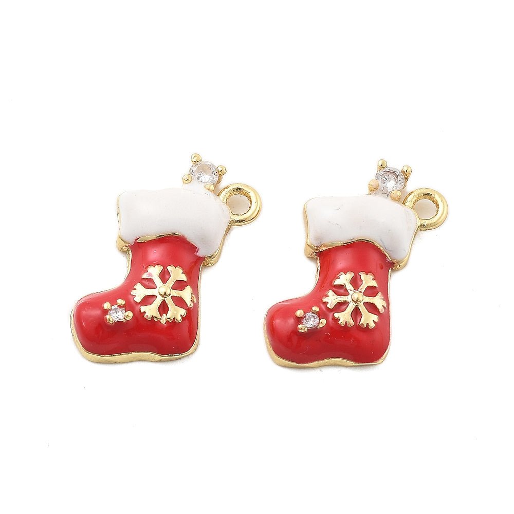 Julestrømpe Vedhæng – Med Emalje og Zirkonia, 18K Forgyldt (15x12.5mm) - Uniq Perler - 