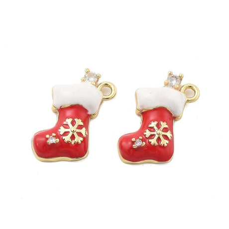 Julestrømpe Vedhæng – Med Emalje og Zirkonia, 18K Forgyldt (15x12.5mm) - Uniq Perler - 