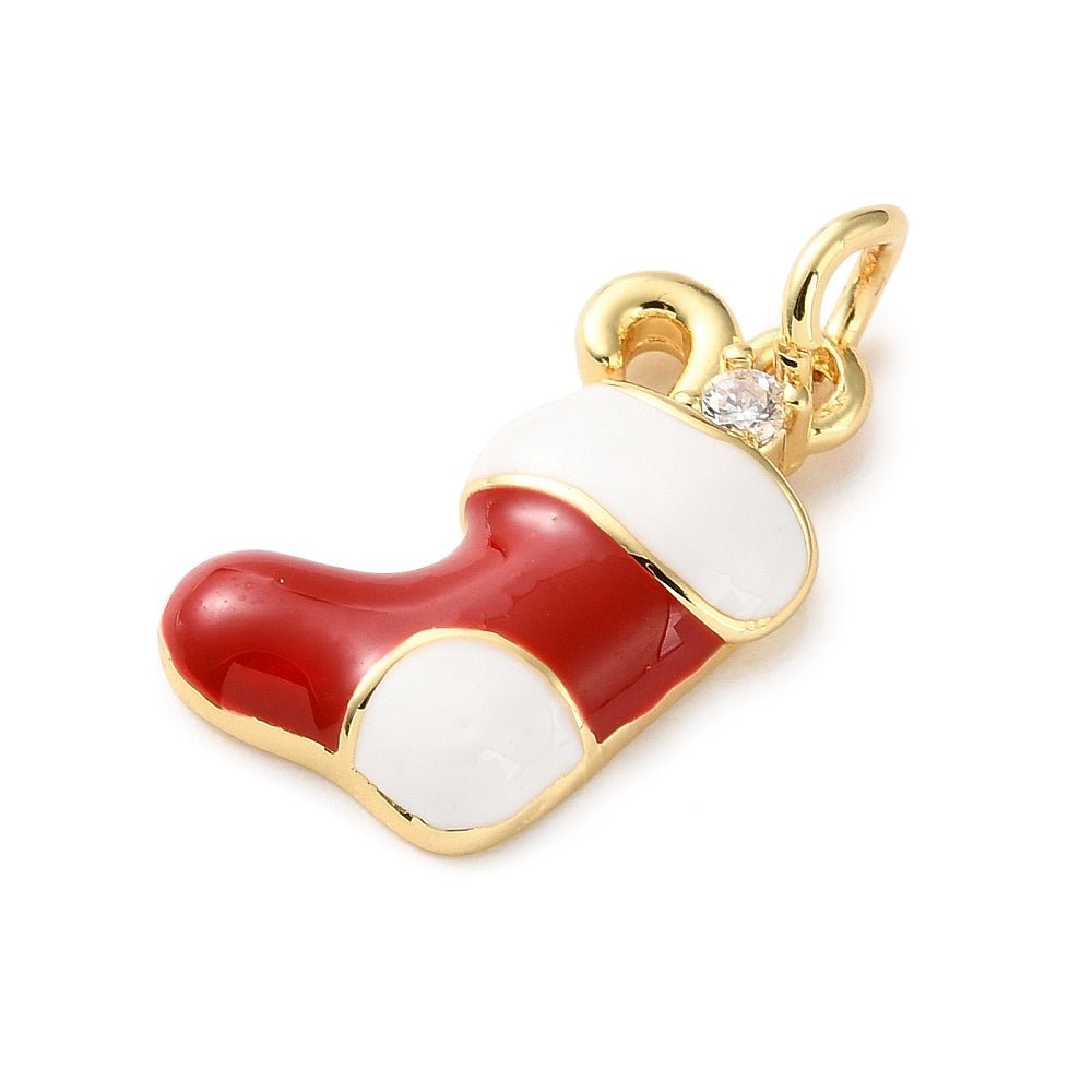 Julestrømpe Vedhæng – Med Emalje og Zirkonia, 18K Forgyldt (16x11mm) - Uniq Perler - 