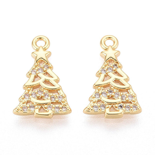 Juletræs Vedhæng – Med Klare Zirkonia, 18K Forgyldt (15x9mm) 2 stk - Uniq Perler - 