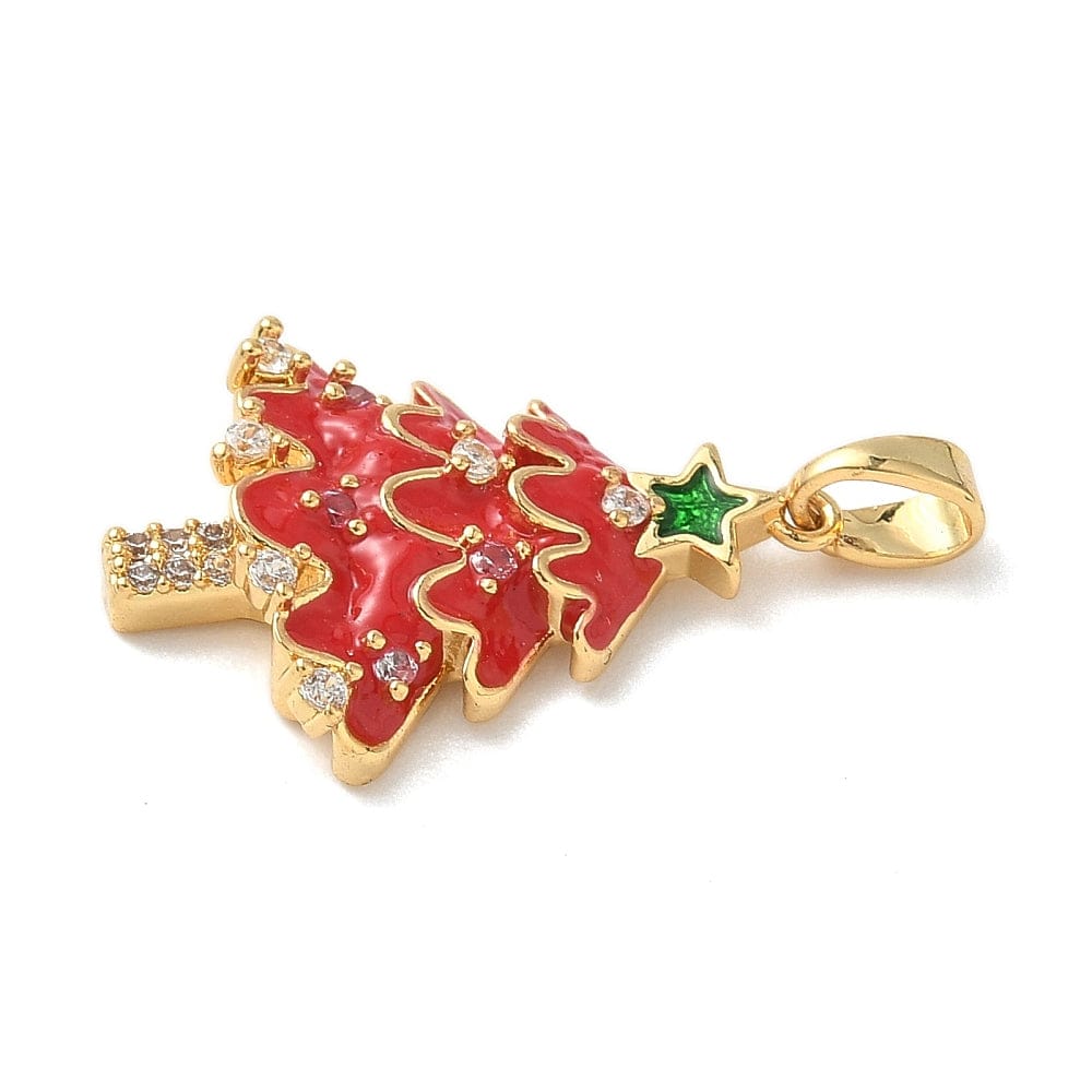 Juletræs Vedhæng Med Zirkonia - Rød, Forgyldt (23x16x5mm) - Uniq Perler - 116142