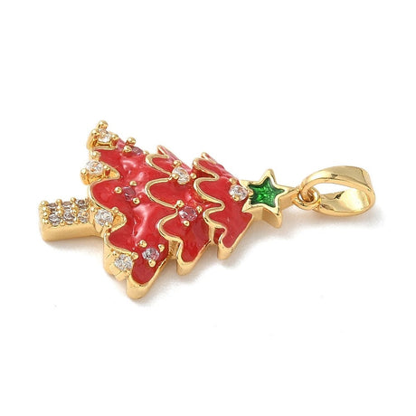 Juletræs Vedhæng Med Zirkonia - Rød, Forgyldt (23x16x5mm) - Uniq Perler - 116142