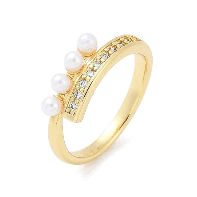 Justerbar Ring i Messing m. Klar Zirkonia & Perle – 18K Forgyldt - Uniq Perler - 115988