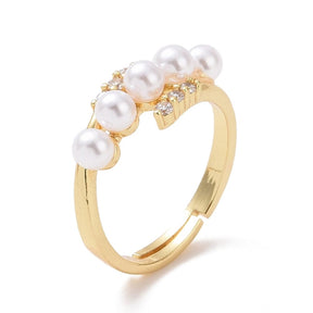 Verstellbarer Ring aus Messing mit klarem Zirkonia & Perlen – 18K Vergoldet - Uniq Perler - 115987