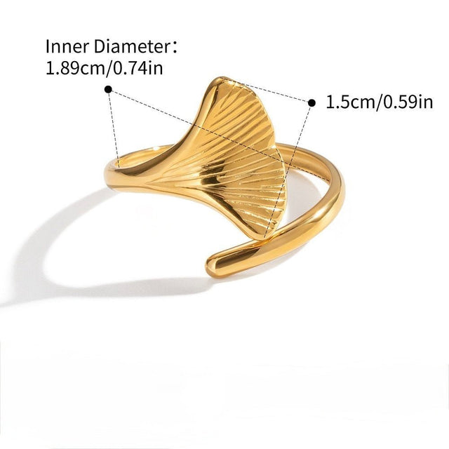 Justerbar Ring Med Blad – 18K Forgyldt Stål (19mm) - Uniq Perler - 