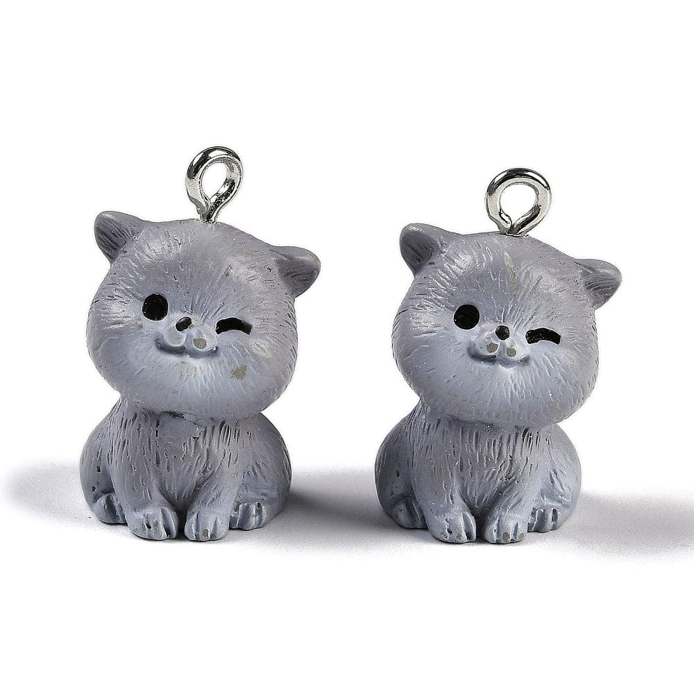 Katte vedhæng, grå resin str. 21x13x14 mm, 2 stk. - Uniq Perler - 239846