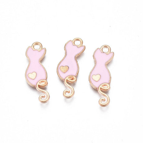Katte Vedhæng Med Rosa Emalje, 24x8,5x2mm, 10 Stk. - Uniq Perler - 112230