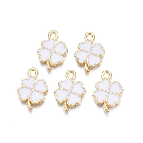 Kløver Vedhæng – Forgyldt, Hvid Emalje (19x13x1,5mm) 8 stk. - Uniq Perler - 115401