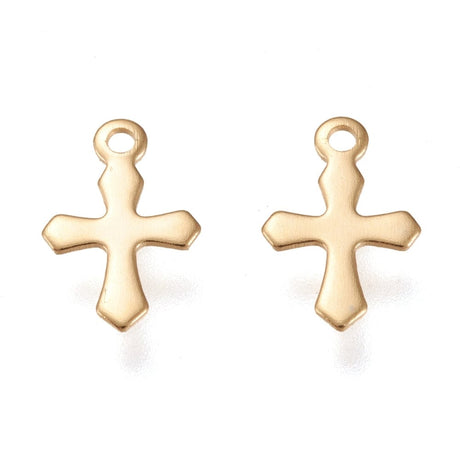 Kors Vedhæng, Forgyldt Stål, 9x5,5mm, (10 stk.) - Uniq Perler - 112003