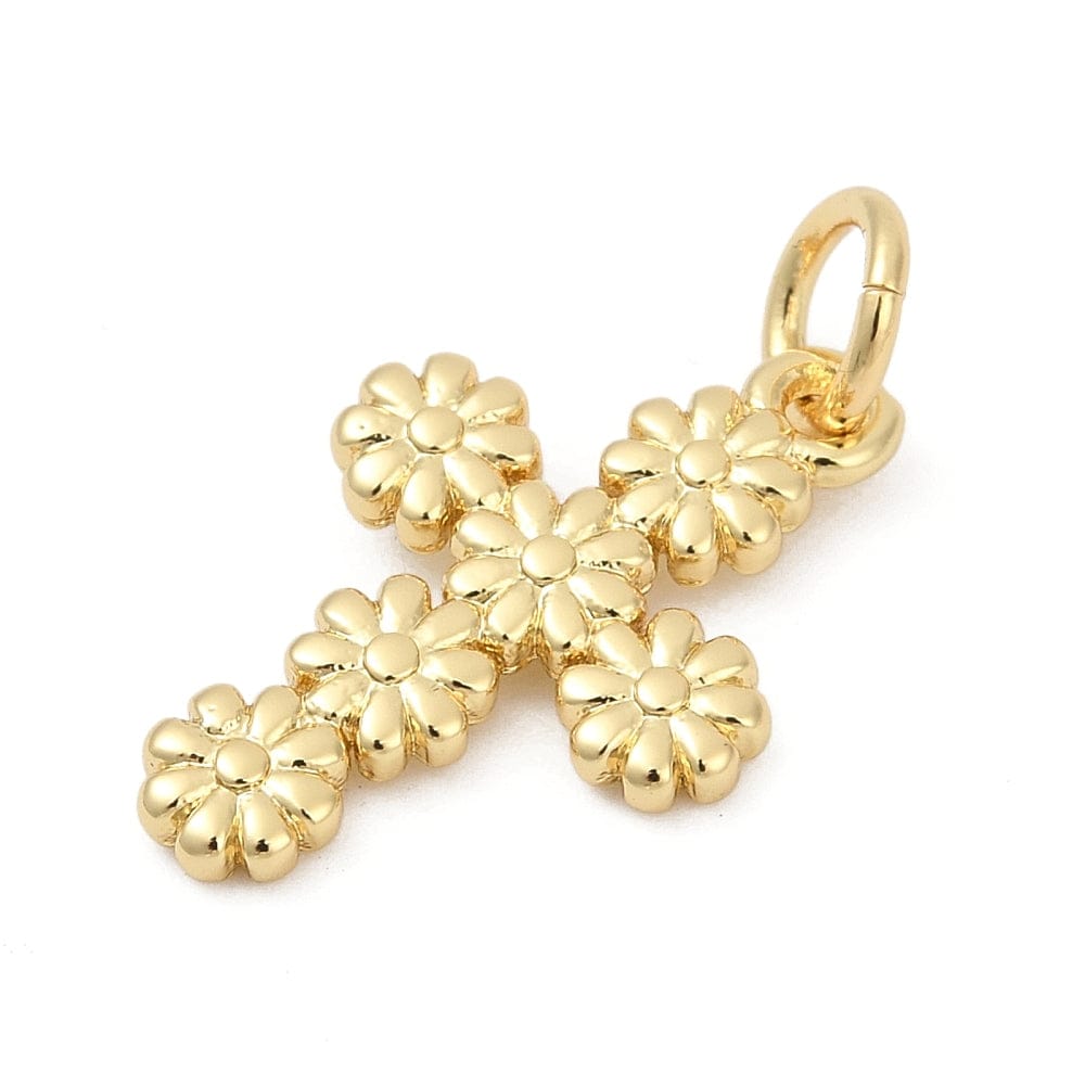 Kors Vedhæng Med Blomster, 18K Langtidsholdbar Forgyldt, 11x17mm - Uniq Perler - 114820