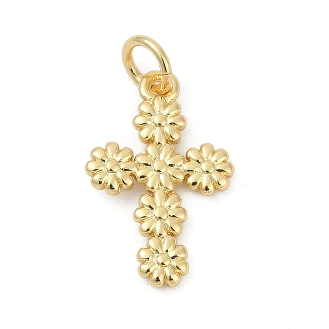 Kors Vedhæng Med Blomster, 18K Langtidsholdbar Forgyldt, 11x17mm - Uniq Perler - 114820