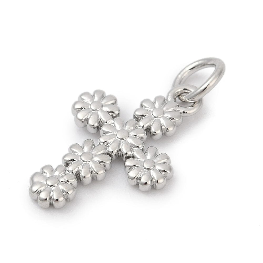 Kors Vedhæng Med Blomster, Langtidsholdbar Platin Belagt, 11x17mm - Uniq Perler - 114819