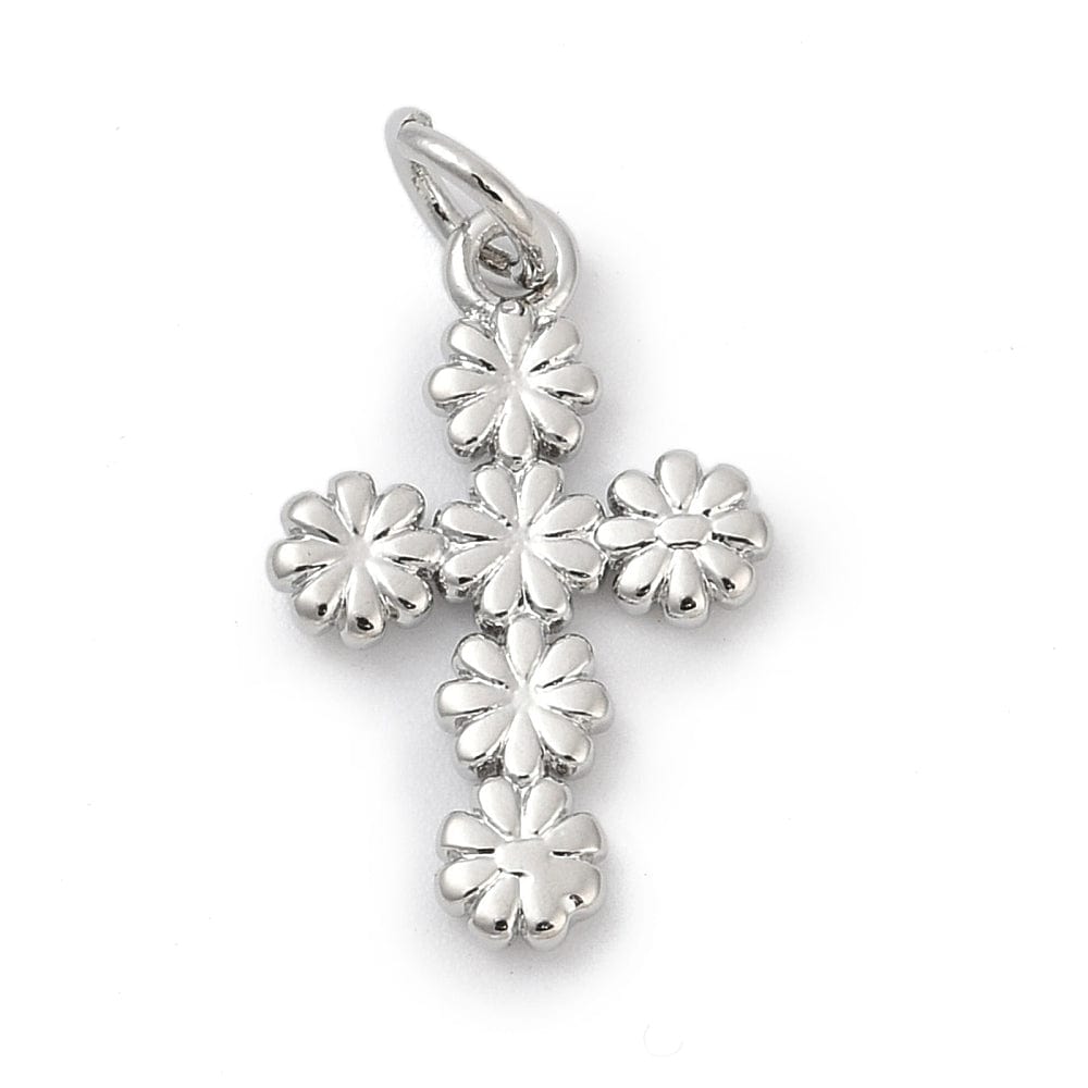 Kors Vedhæng Med Blomster, Langtidsholdbar Platin Belagt, 11x17mm - Uniq Perler - 114819