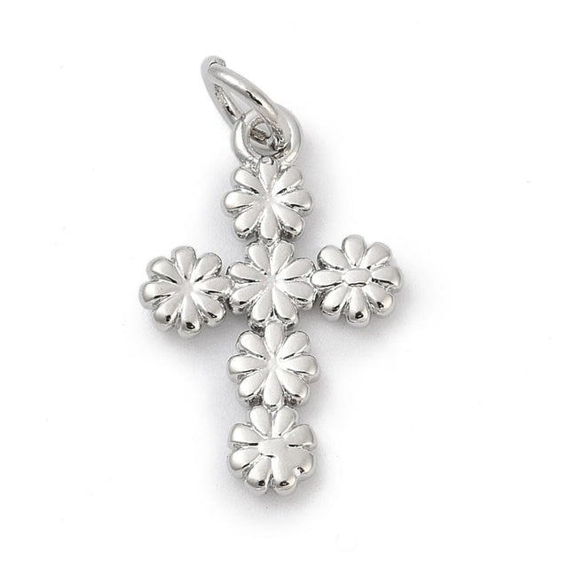 Kors Vedhæng Med Blomster, Langtidsholdbar Platin Belagt, 11x17mm - Uniq Perler - 114819