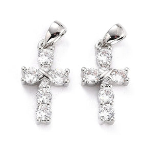Cross Pendant With Zirconia Stones, Long-lasting Platinum Plated, 16x9mm - Uniq Perler - 717708