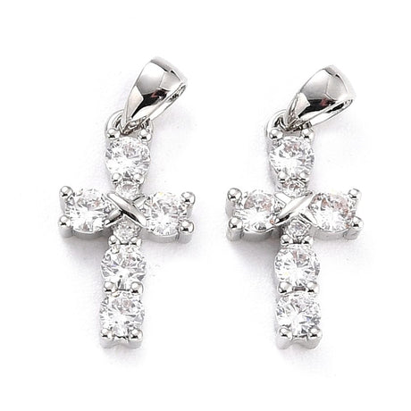 Kors Vedhæng Med Zirkonia Sten, Langtidsholdbar Platin Belagt, 16x9mm - Uniq Perler - 717708