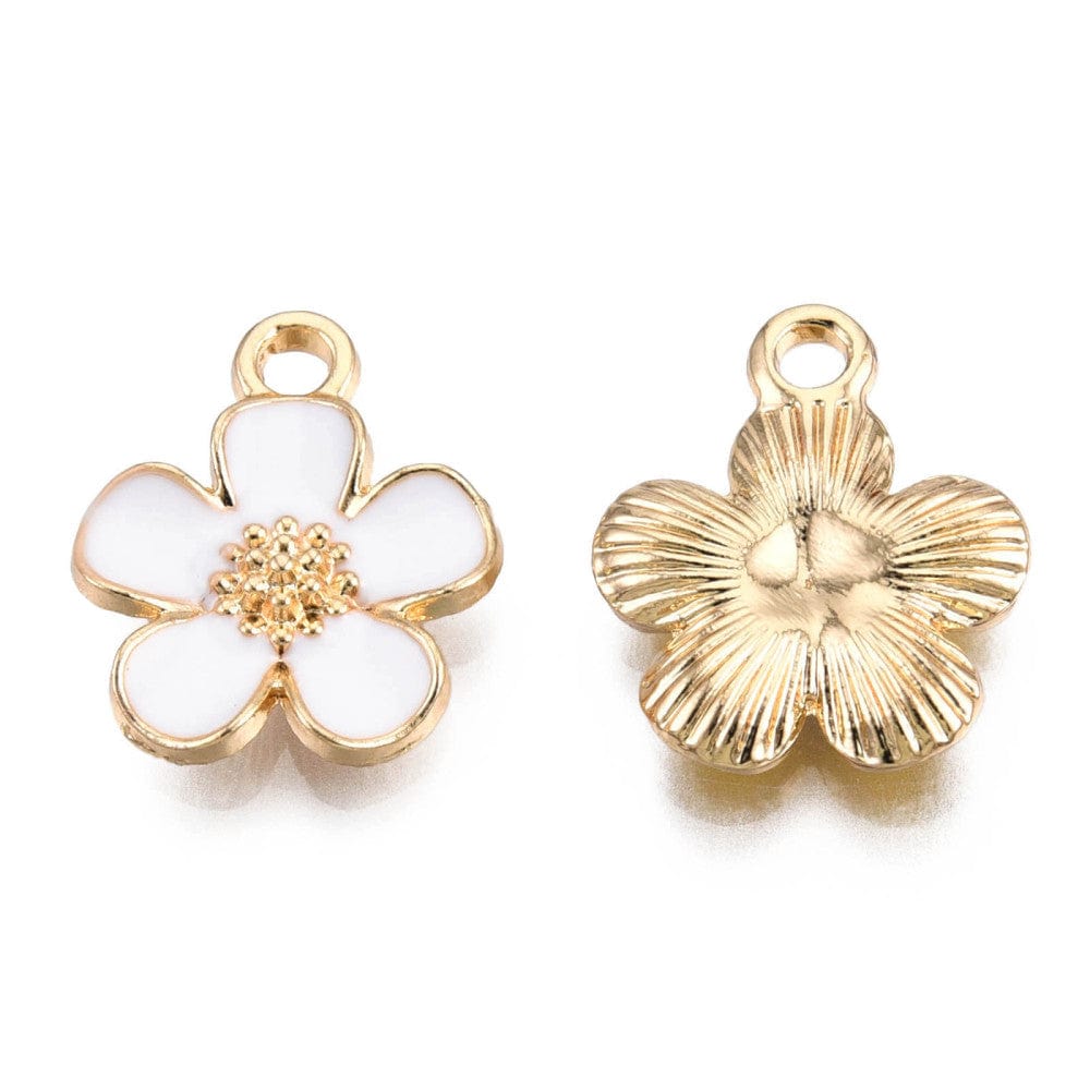 Kronbladsblomster Vedhæng Med Hvid Emalje, 16x12mm, Forgyldt, 6 Stk - Uniq Perler - 111840