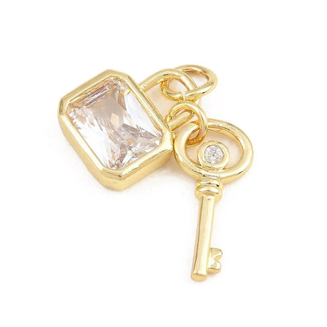 Lås & Nøgle Vedhæng Med Zirkonia – 18K Forgyldt Messing (12x10mm og 15x7mm) - Uniq Perler - 123050
