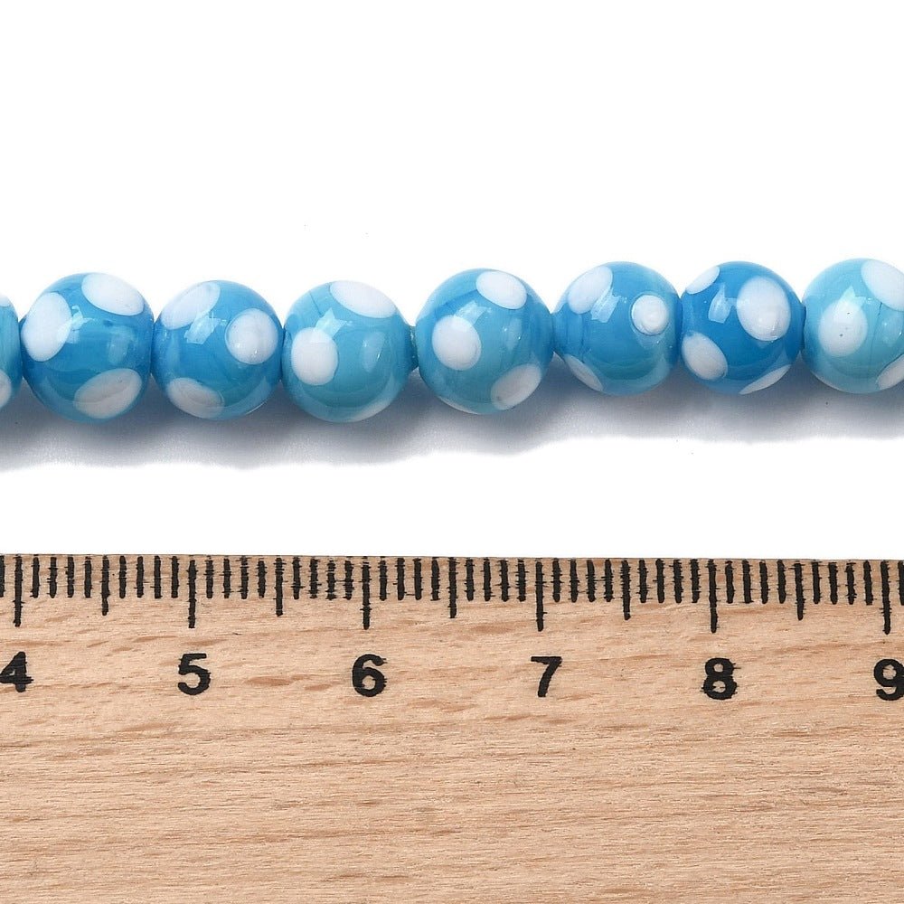 Lampwork Glasperler – Blå, Runde Med Prikker (8~9x7~8mm) 8 stk. - Uniq Perler - 122689