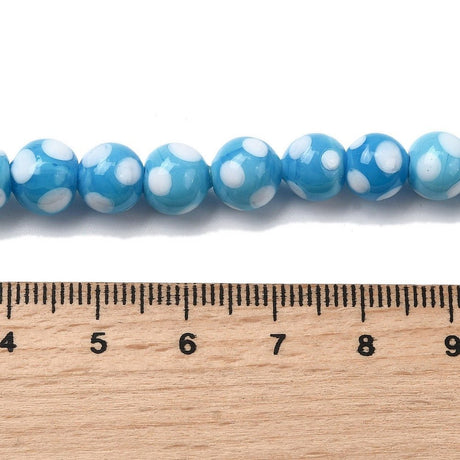 Lampwork Glasperler – Blå, Runde Med Prikker (8~9x7~8mm) 8 stk. - Uniq Perler - 122689