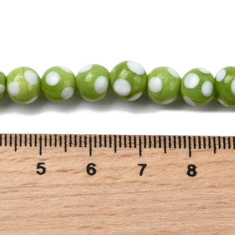 Lampwork Glasperler – Grøn, Runde Med Prikker (8~9x7~8mm) 8 stk. - Uniq Perler - 122697