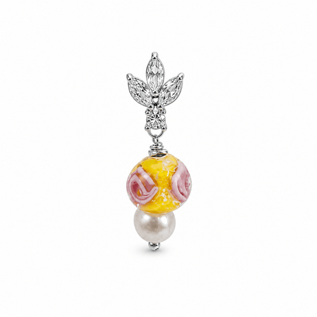 Lampwork Glasperler – Gul med Sølvfolie og Blomst, Runde (7.5mm) 4 stk. - Uniq Perler - 120044