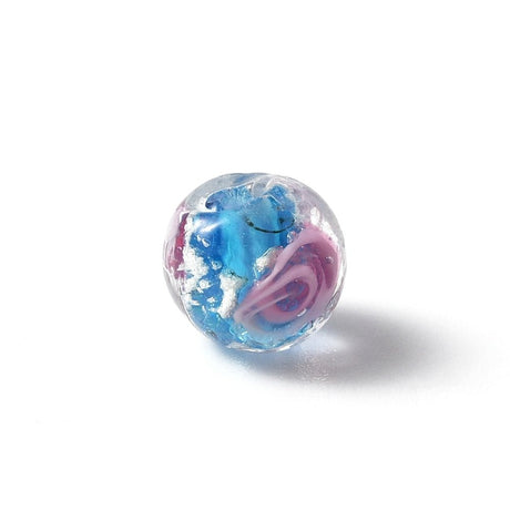 Lampwork-glaspärlor – himmelsblå med silverfolie och blomma, runda (7,5 mm) 4 st.