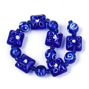 Lampwork Glass Beads – Mixed Strand with Blue Pattern Beads, Round & Square (13–14mm) - Uniq Perler - 76931417567812898005699284