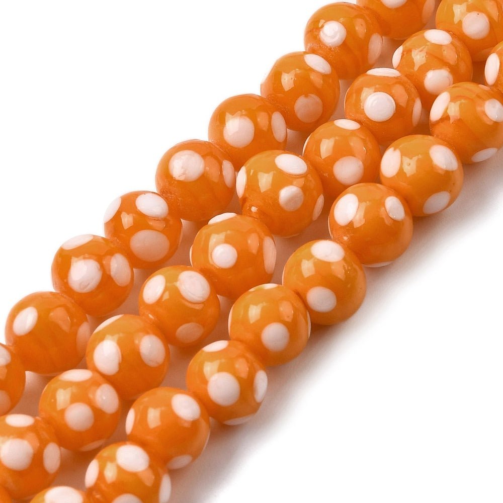 Lampwork Glasperler – Orange Med Prikker, Runde (8x7mm) 8 stk. - Uniq Perler - 122701