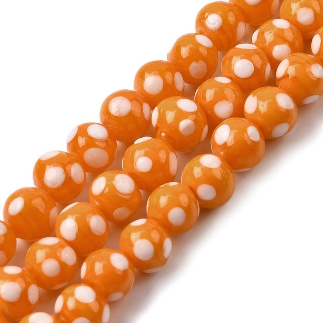 Lampwork Glasperler – Orange Med Prikker, Runde (8x7mm) 8 stk. - Uniq Perler - 122701