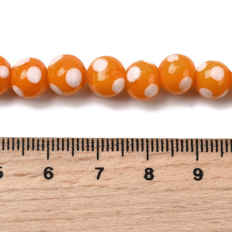 Lampwork Glasperler – Orange Med Prikker, Runde (8x7mm) 8 stk. - Uniq Perler - 122701
