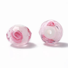Lampwork Glasperler – Pink, Facetteret Rondel Med Indre Blomst (8x6mm) 4 stk - Uniq Perler - 118848