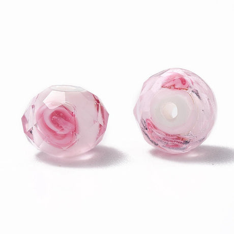 Lampwork Glasperler – Pink, Facetteret Rondel Med Indre Blomst (8x6mm) 4 stk - Uniq Perler - 118848