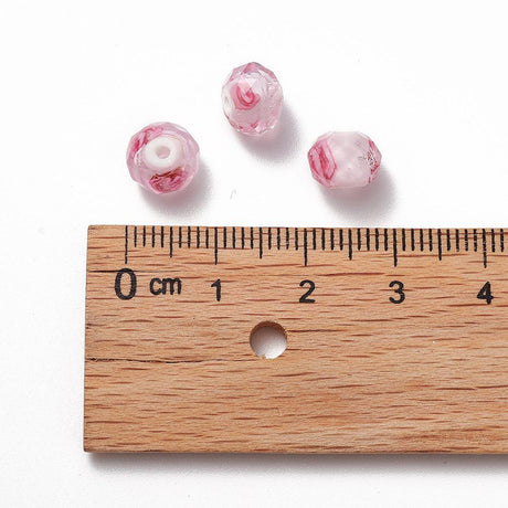 Lampwork Glasperler – Pink, Facetteret Rondel Med Indre Blomst (8x6mm) 4 stk - Uniq Perler - 118848