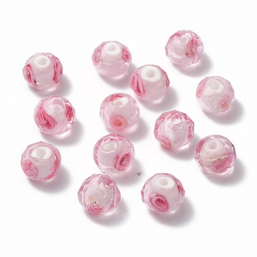 Lampwork Glasperler – Pink, Facetteret Rondel Med Indre Blomst (8x6mm) 4 stk - Uniq Perler - 118848