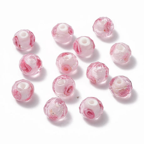Lampwork Glasperler – Pink, Facetteret Rondel Med Indre Blomst (8x6mm) 4 stk - Uniq Perler - 118848