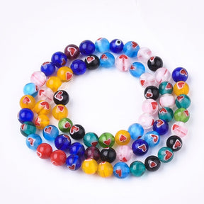 Lampwork Glass Beads – Round with Heart, Mixed Colors (6mm) - Uniq Perler - 