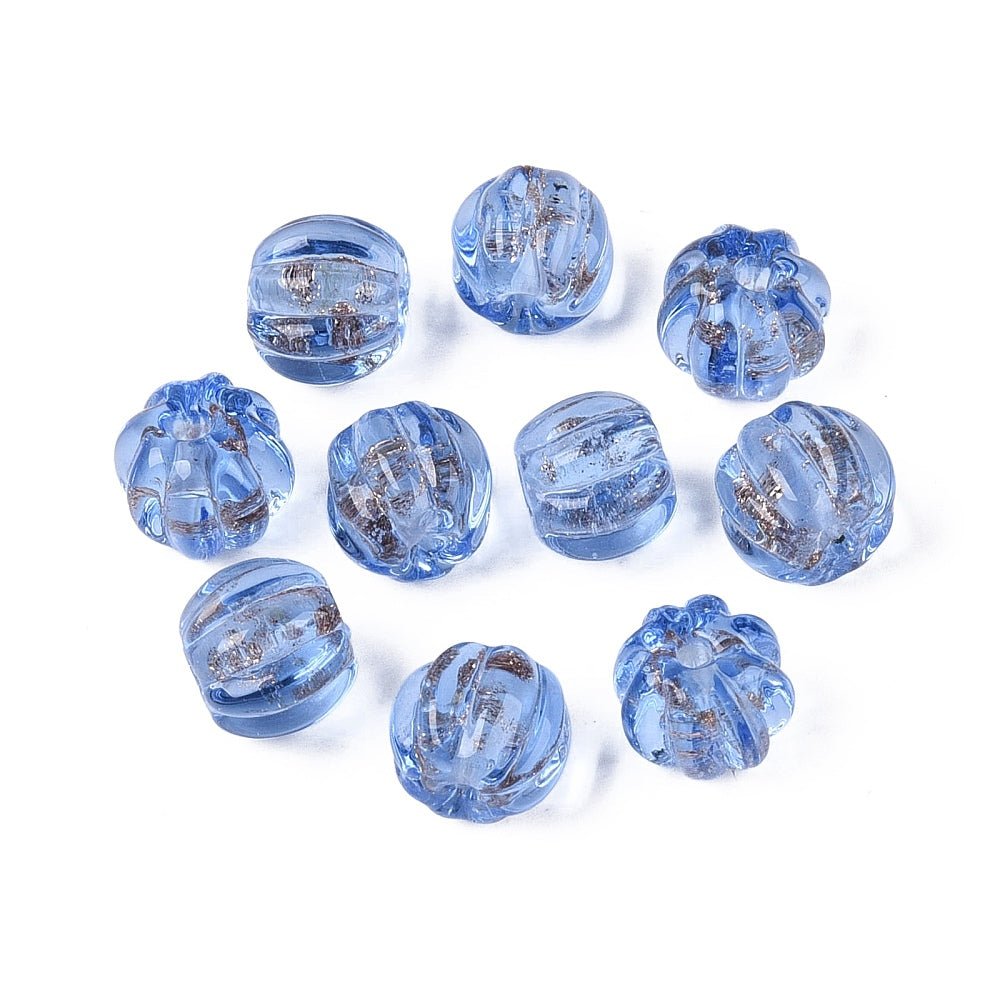 Lampwork Perler – Græskar, Kornblomstblå Med Guldstøv (8,5x7mm) 6 stk. - Uniq Perler - 122693