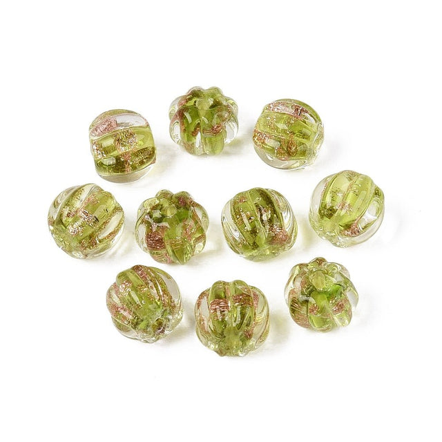 Lampwork Perler – Græskar, Lime Med Guldstøv (8,5x7mm) 6 stk. - Uniq Perler - 123059