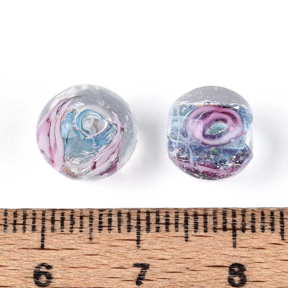 Lampwork Perler Med Blomst – Rund, Blå/Rosa (10mm, 8 stk) - Uniq Perler - 115968
