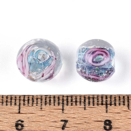 Lampwork Perler Med Blomst – Rund, Blå/Rosa (10mm, 8 stk) - Uniq Perler - 115968