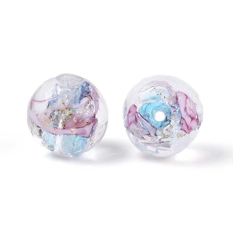 Lampwork Perler Med Blomst – Rund, Blå/Rosa (10mm, 8 stk) - Uniq Perler - 115968